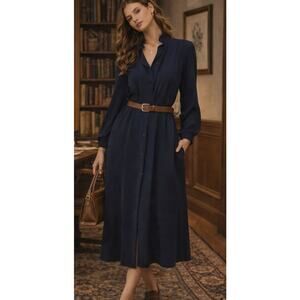 VTG Albert Nipon Womens Blouson Midi Dress 10 Navy Blue Academia Classic Preppy